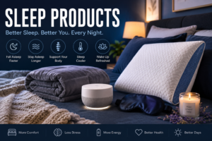 Sleep products hero image showing a relaxing bedroom setup with cooling memory foam pillow, weighted blanket, sleep mask, white noise machine, and calming nighttime lighting designed to improve sleep quality and comfort.