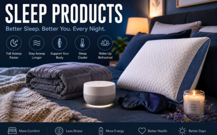 Sleep products hero image showing a relaxing bedroom setup with cooling memory foam pillow, weighted blanket, sleep mask, white noise machine, and calming nighttime lighting designed to improve sleep quality and comfort.
