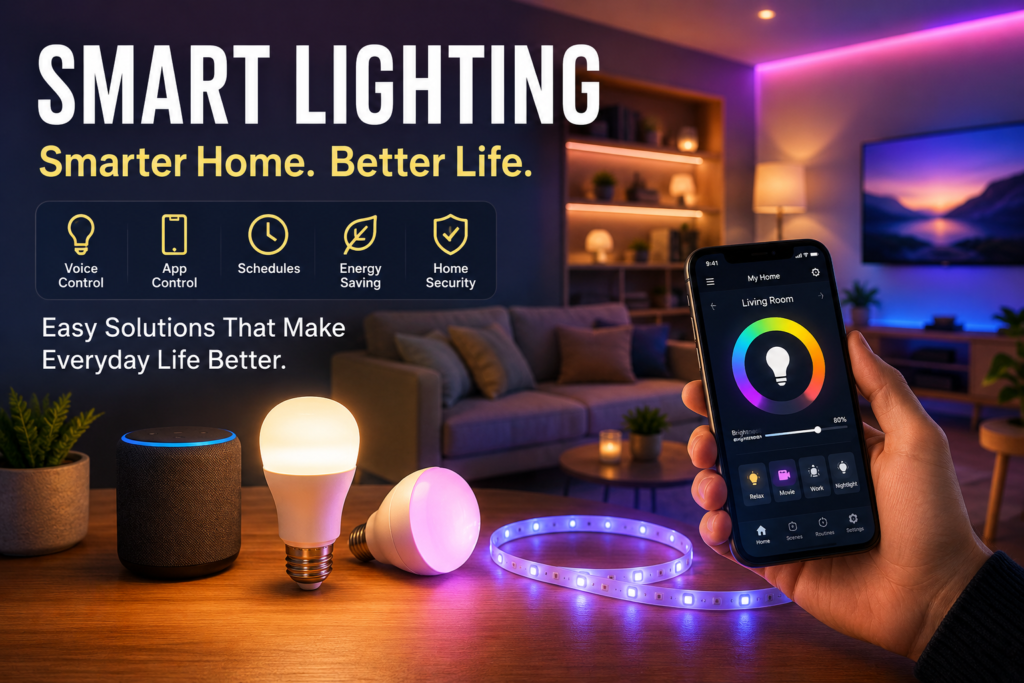 Smart lighting solutions hero image showing smart LED bulbs, app-controlled lighting, voice assistant integration, and modern home ambiance designed to improve comfort, convenience, and energy efficiency.
