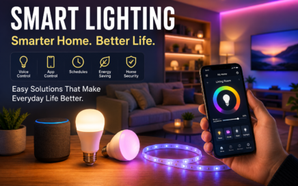 Smart lighting solutions hero image showing smart LED bulbs, app-controlled lighting, voice assistant integration, and modern home ambiance designed to improve comfort, convenience, and energy efficiency.