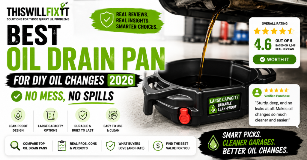 Funnel King 4 Gallon Oil Drain Pan with E-Z Grip Handles, Heavy Duty Polyethylene, 17-3/4 Inch Top ID, 1 Inch Spout, Black, Made in USA (32953)