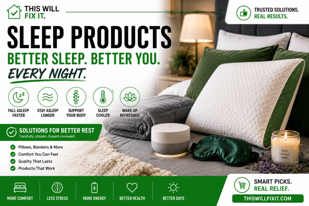 Best sleep products hero image featuring a cooling pillow, weighted blanket, white noise machine, sleep mask, and other sleep solutions designed for better rest and comfort.