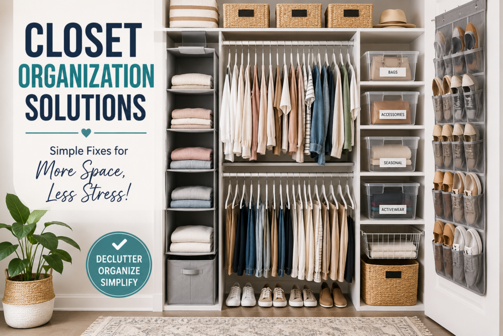 Organized modern closet featuring hanging shelf organizers, slim velvet hangers, stackable storage bins, labeled storage containers, and over-the-door shoe storage designed to maximize space and reduce clutter.