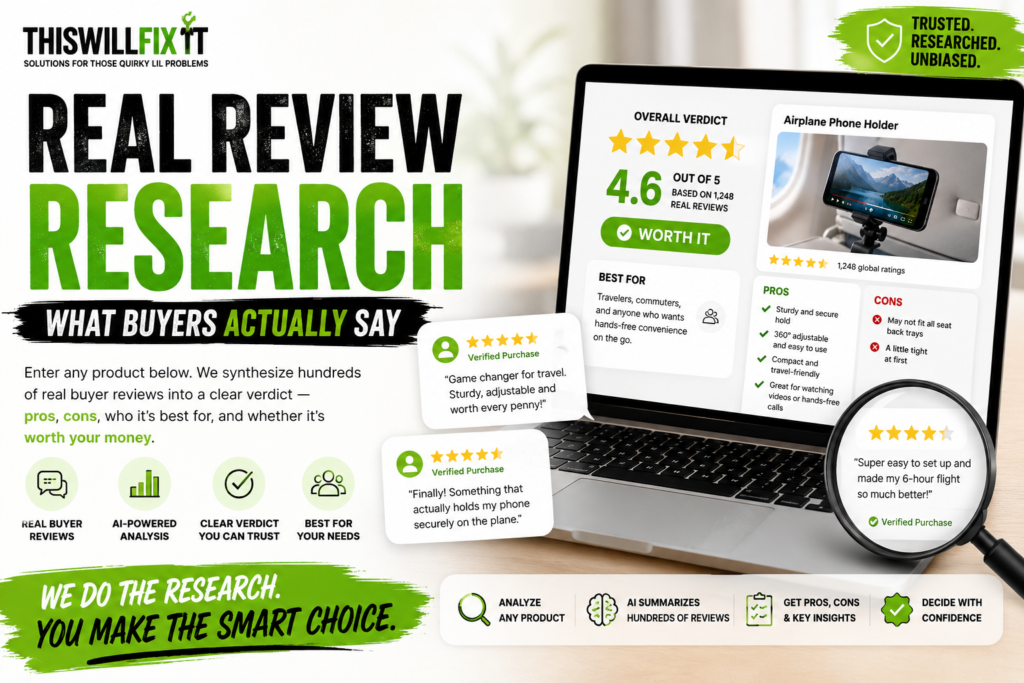 Pinterest infographic for This Will Fix It Real Review Research tool showing AI-powered analysis of real buyer reviews, pros and cons, product verdicts, and smart Amazon shopping recommendations.