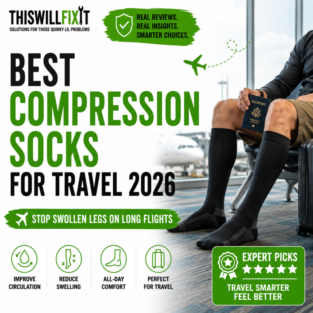 Best compression socks for travel featuring a traveler wearing knee-high compression socks at an airport with passport and luggage, highlighting improved circulation, reduced swelling, all-day comfort, and support for long flights and frequent travelers.