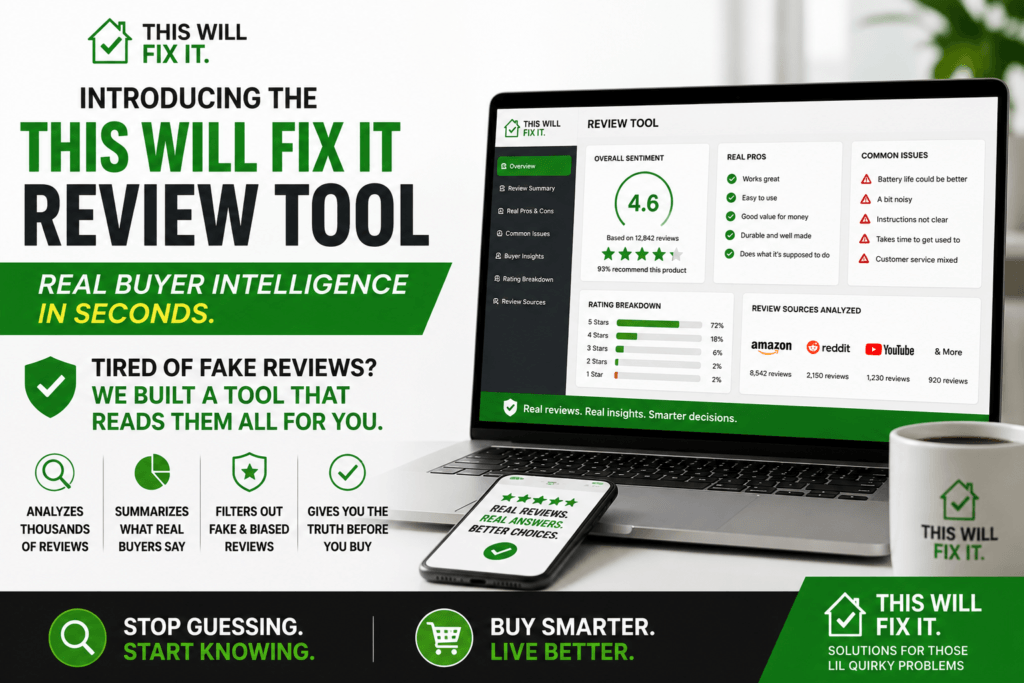 This Will Fix It Review Tool hero image showing real buyer intelligence that analyzes thousands of product reviews, summarizes buyer feedback, identifies common issues, and filters fake or biased reviews.