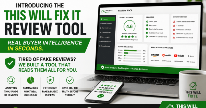 This Will Fix It Review Tool hero image showing real buyer intelligence that analyzes thousands of product reviews, summarizes buyer feedback, identifies common issues, and filters fake or biased reviews.
